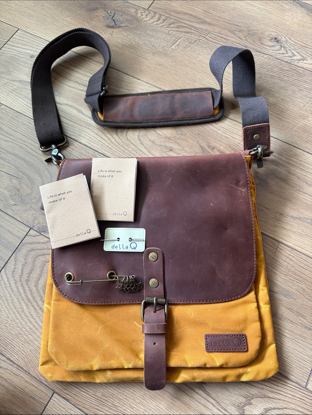 della Q Mustard Yellow Canvas & Brown Leather Crossbody Bag